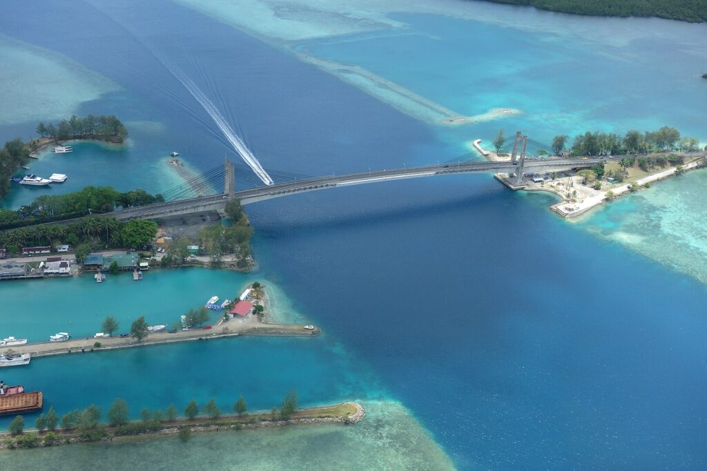 Aerial view of Koror–Babeldaob Bridge in 2016