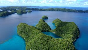 An aerial view of limestone islands