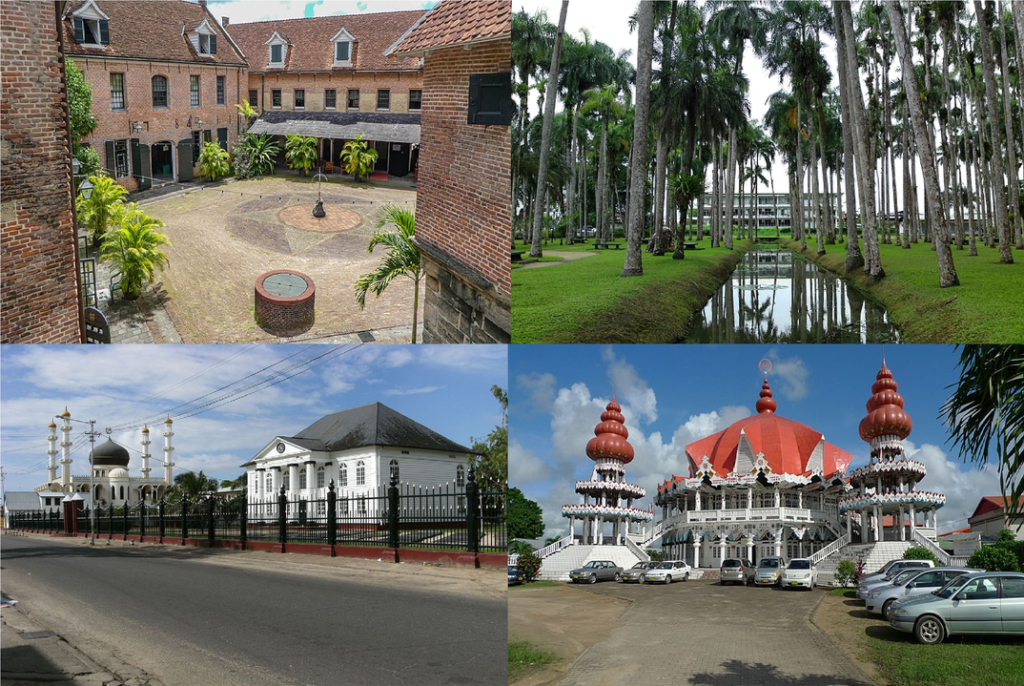 Clockwise from left: Fort Zeelandia, Garden of Palms, Arya Diwaker, Saint Peter and Paul Cathedral and its surroundings, and Mosque Keizerstraat adjacent to the Neveh Shalom Synagogue