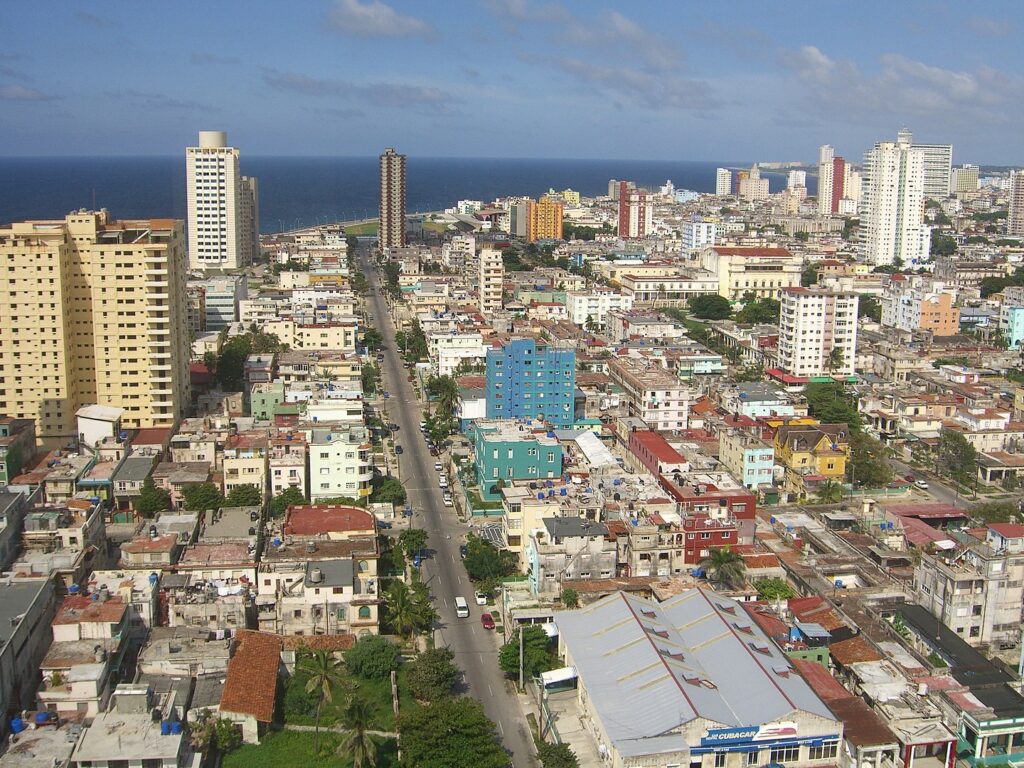 View to the east on 3ra street from the 20th floor of the Meliá Cohiba hotel in Havana, Cuba