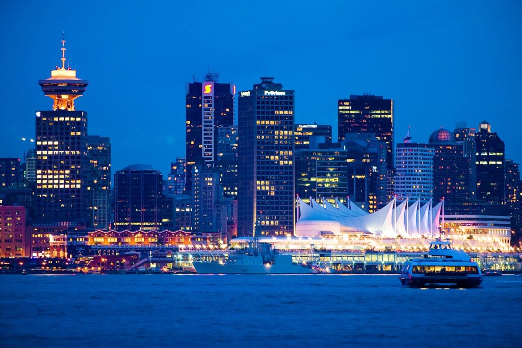 A SeaBus crosses Burrard Inlet between Vancouver and the neighbouring city of North Vancouver.