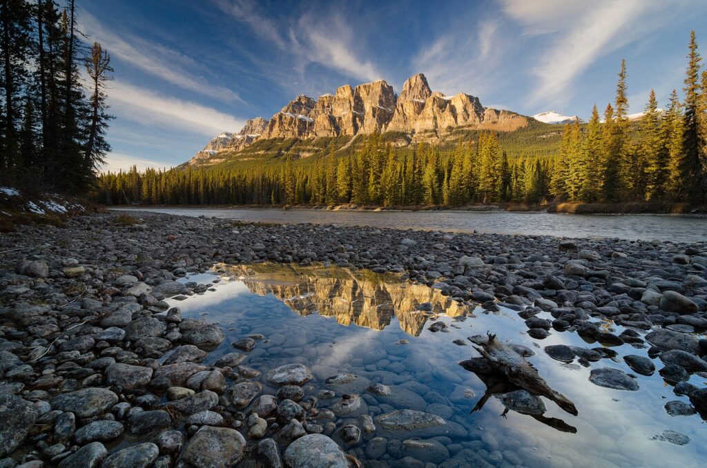 Castle Mountain from the Bow River bank, Banff National Park, Alberta, Canada