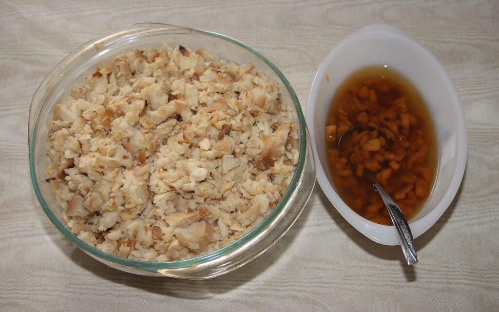 Fish and brewis with scrunchions, a traditional Newfoundland meal.