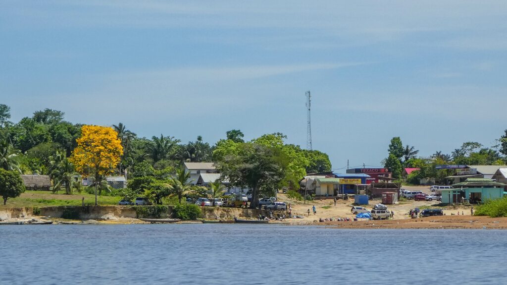 The harbor of Atjoni or Adjoni, near Pokigron in Suriname, where the road stops and travel has to continue in boats.