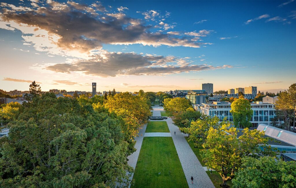 Main mall of the University of British Columbia (UBC). UBC is one of five public universities located in Vancouver.