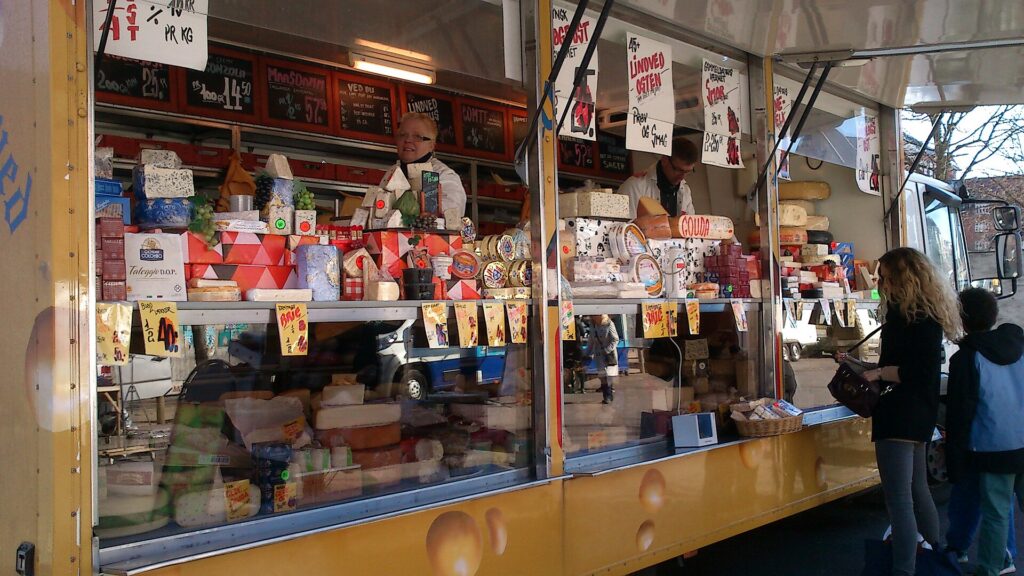 Cheese for sale at the food market Ingerslev Torv in Aarhus.