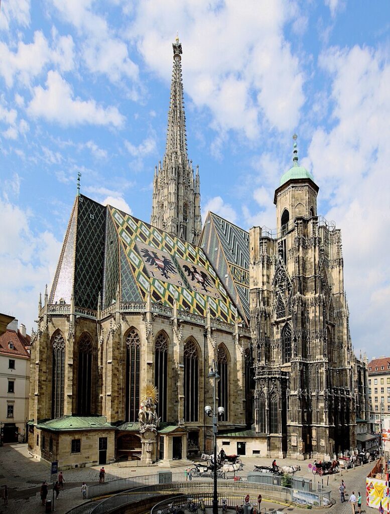 South tower and the shorter north tower, along with the roof tiles mosaic.