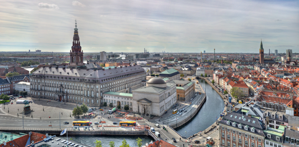 Christiansborg Palace and Chapel on Slotsholmen in Copenhagen, Denmark, seen from the top of St. Nicolas' Church