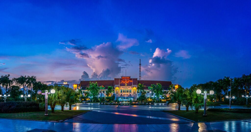 Surabaya City Hall at dusk.