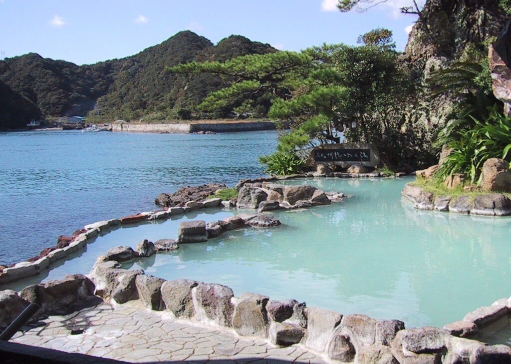 Outdoor onsen at Nakanoshima in Nachikatsuura, Wakayama. Spring Season