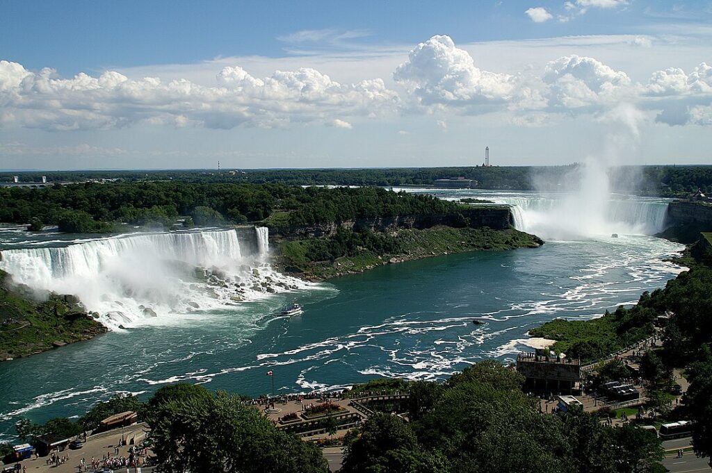 A view of the American, Bridal Veil and Horseshoe Falls from the Presidential Suite of the Sheraton Fallsview Hotel, Niagara Falls, Ontario, Canada.