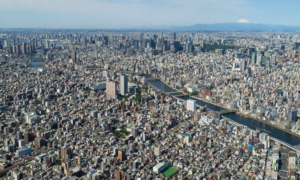 View of Tokyo from the top of the Tokyo Skytree. The Greater Tokyo Area is ranked as the most populous metropolitan area in the world.