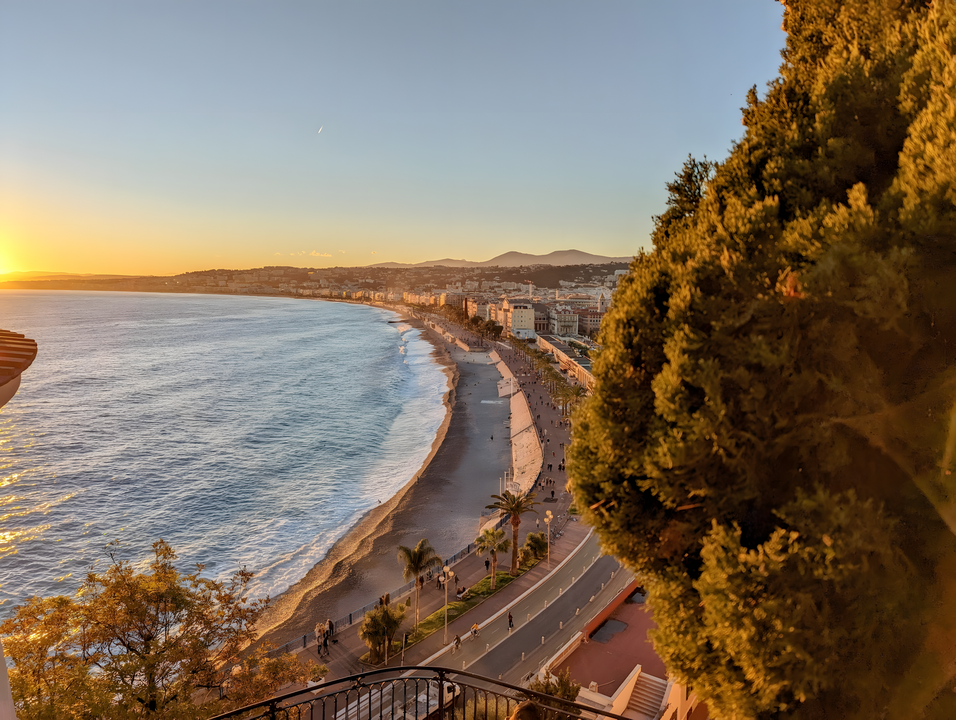 The Promenade des Anglais at sunset, from the Colline du Château.