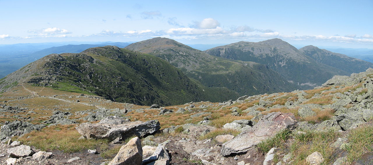 The northern section of the Presidential Range in New Hampshire's White Mountains. Viewed from the northwest side of Mount Washington. From left to right are Mount Clay, Mount Jefferson, Mount Adams, and Mount Madison.